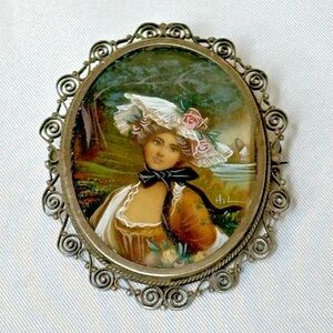 Original Hill Hand Painted Portrait Pendant Antique Medallion 800 Silver Brooch